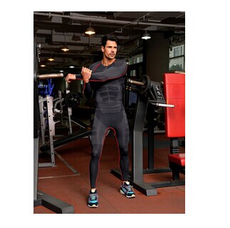 Men's quick-drying sport long sleeve sport pants clothes Long Johns compression Underwear slim corset 1 set=tops + pants: red line / L