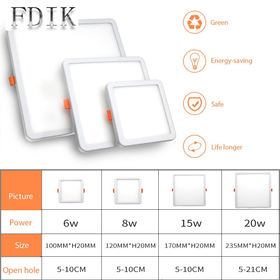 DINGDIAN LED Panel Lights Ultra thin Recessed Downlight 6W 8W 15W 20W 220V Square Round Panel lamp Ceiling Lamp White/Warm white