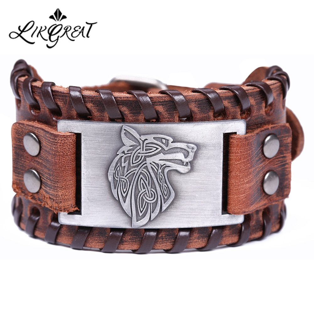 Likgreat trança pulseiras de couro para homens vintage antigo prata cor metal viking punk lobo encantos pulseira talismã ajustável