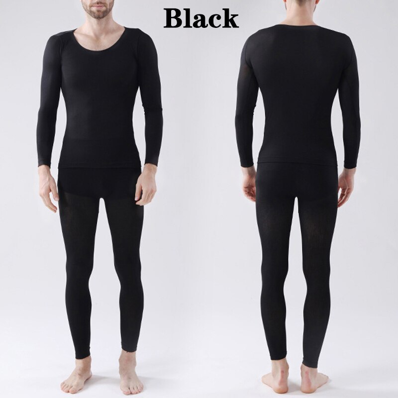 Selvopvarmende termisk undertøj sæt toppe + bukser mænd kvinder langærmet termisk skjorte bukser varm dragt blød slank elastik: Sorte mænd