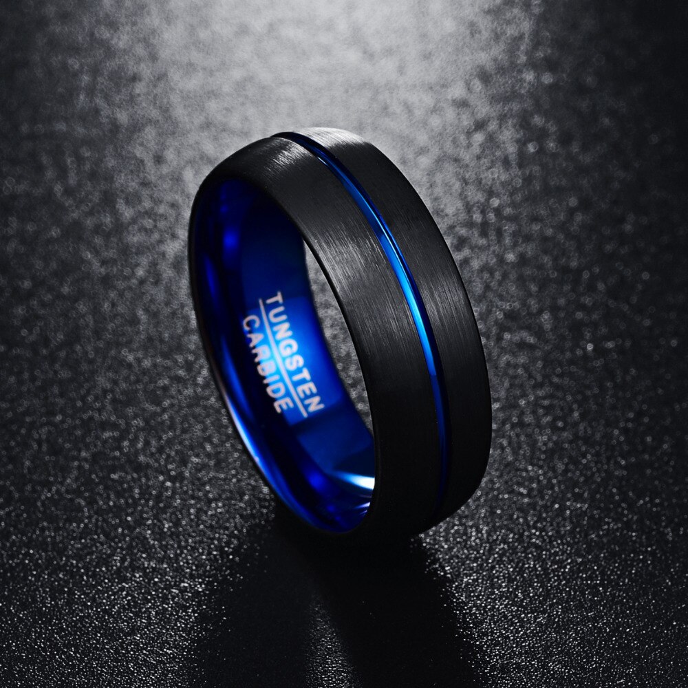 Nuncad Men's 8mm Blue Plated Tungsten Carbide Wedding Band Ring Matte Finish Grooved Size 7 to 12