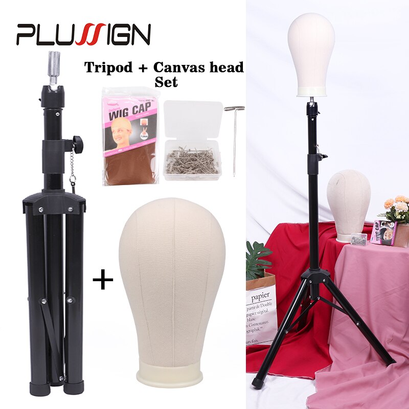 Wig Stand Tripod With Head Mannequin Stand 50Pcs T Pins 21 22 23 24 25 Inch Canvas Head With Stocking Caps For Making Wigs