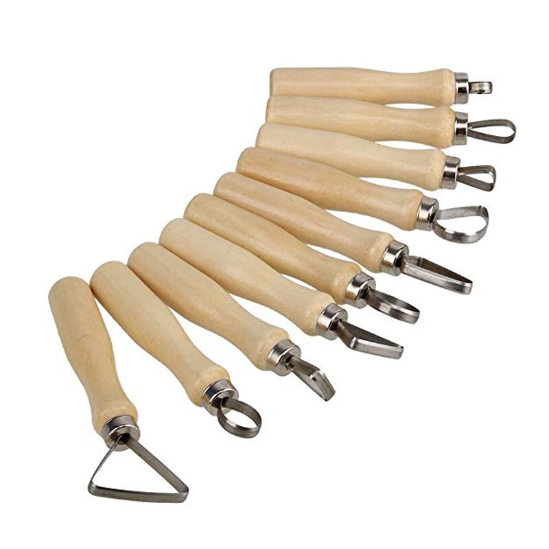10pcs Stainless Steel Wooden Thick Handle Flat Wire Cutter Clay Pottery Sculpting Tool Set Pottery Clay Large Ribbon Sculpt Tool