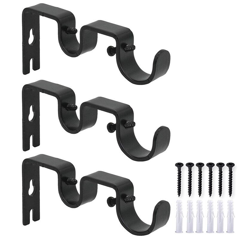 3Pcs/Set Curtain Rod Brackets Heavy Duty Double Rod Holders Durable Metal Curtain Rod Wall Brackets with Screw Black