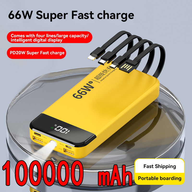 66W Super Fast Charging 100000mAh Power Bank With Built-in Cable Large Capacity Portable Digital Display Charger Spare Battery