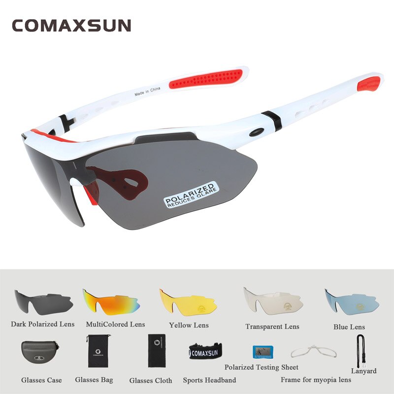 COMAXSUN Polarized Cycling Glasses Bike Goggles Outdoor Sports Bicycle Sunglasses UV 400 With 5 Lens TR90 2 Style: Style 1 WHITE RED