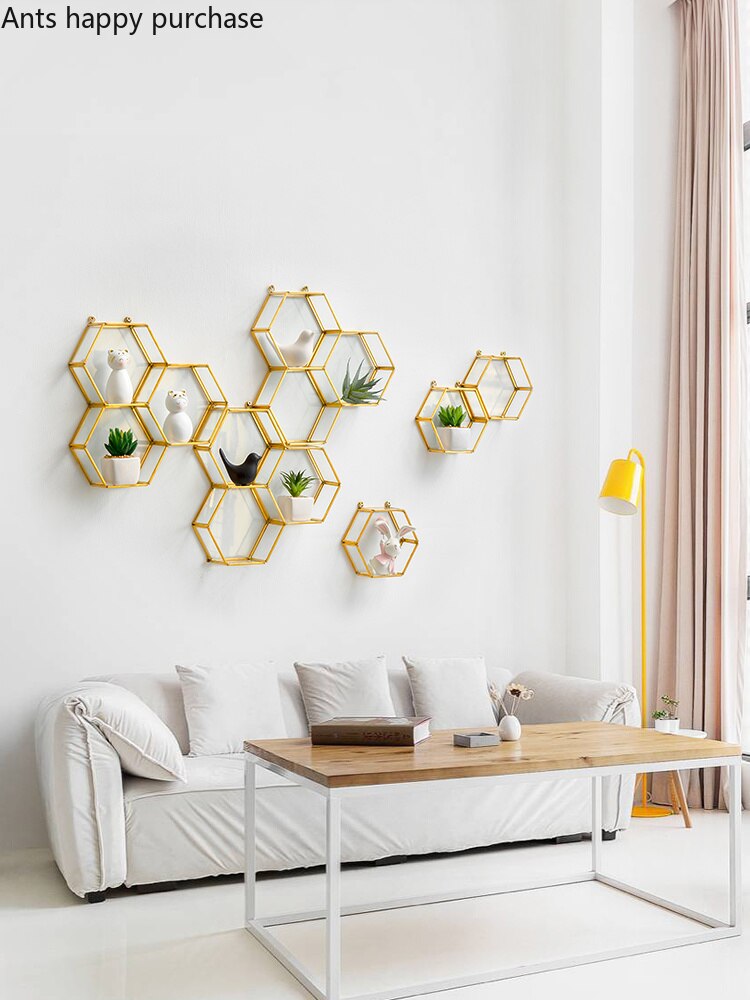 Hexagon metallglas väggmonteringsrum heminredning vardagsrum sovrum modern enkel vägghylla geometrisk hylla