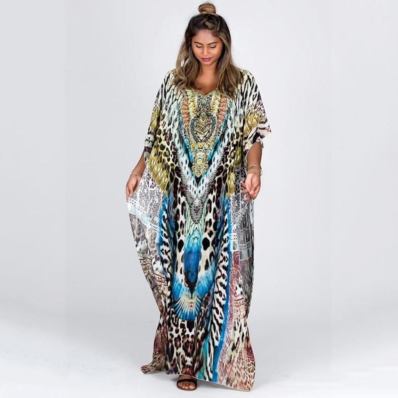 Plus size cover-ups kaftan strandjas strand tuniek voor op het strand print badpak dames cover-ups pareo badmode dames boho jurk