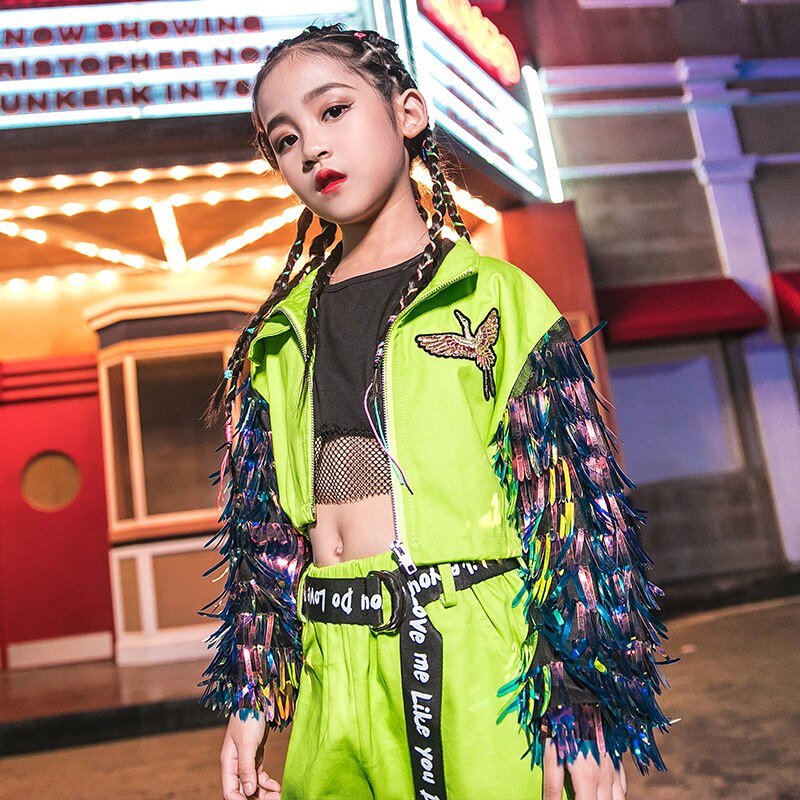 Hip hop dans kostumer fluorescerende grøn kvast frakke piger jazz tøj børn street dans scene performance slid  dn4099