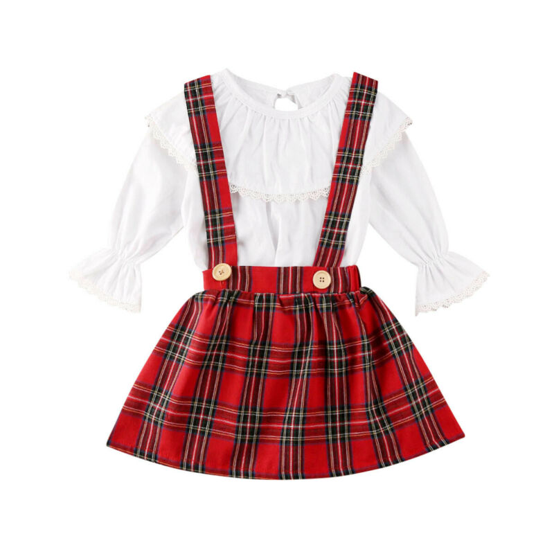 Christmas Newborn Kids Baby Girls Clothes Ruffle Top Plaid Strap Skirt Outfit