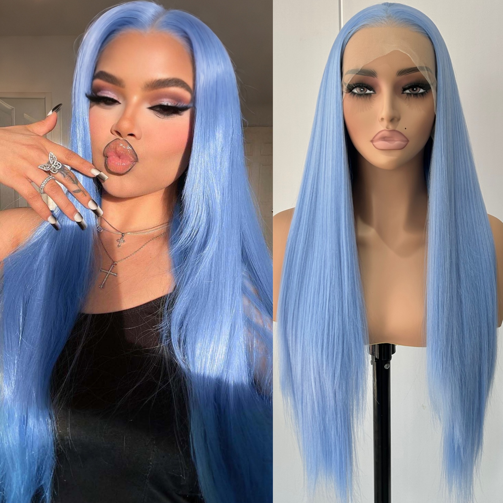 Pelucas de pelo sintético largo y sedoso para mujer, color azul claro, parte libre, color azul cielo, fibra resistente al calor, de Cosplay diaria