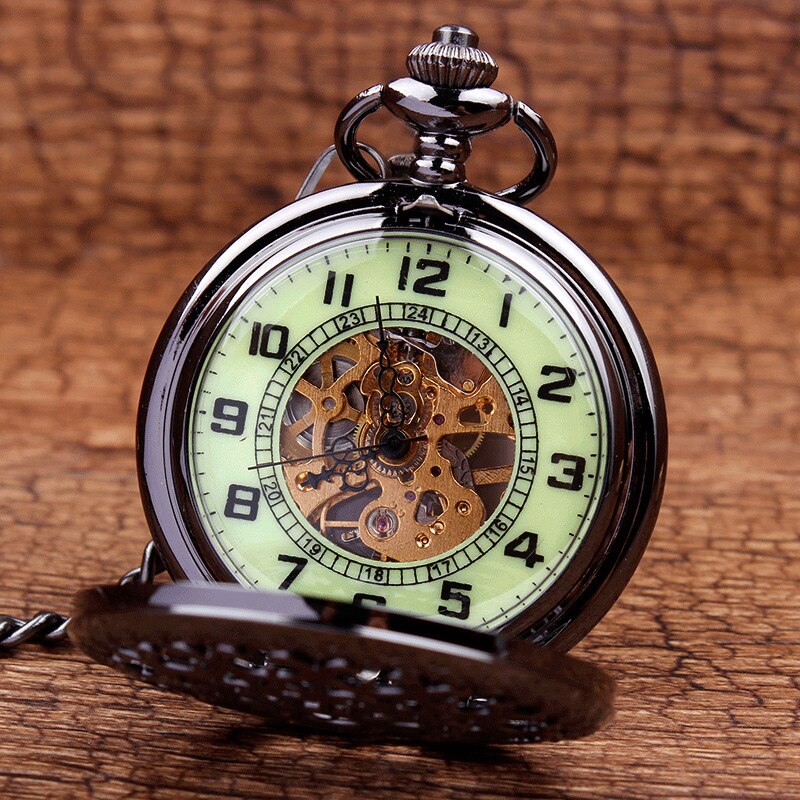 Lichtgevende Mechanische Zakhorloge Steampunk Vintage Hollow Cover Analoge Skeleton Hand Winding Mechanische Zakhorloge voor Mannen