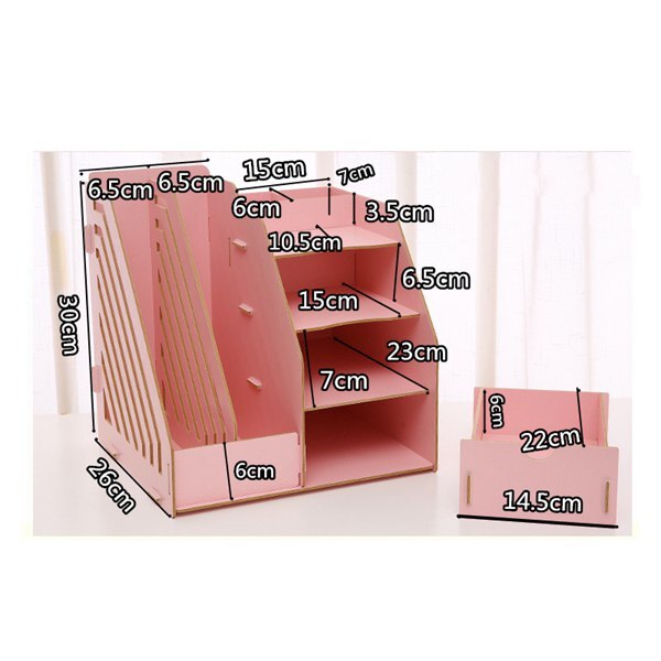 Wood Desk Organizer Drawer Trays Office Desktop Organizers File Holders Office Supplies 4 Tier 6 Compartments (Pink)