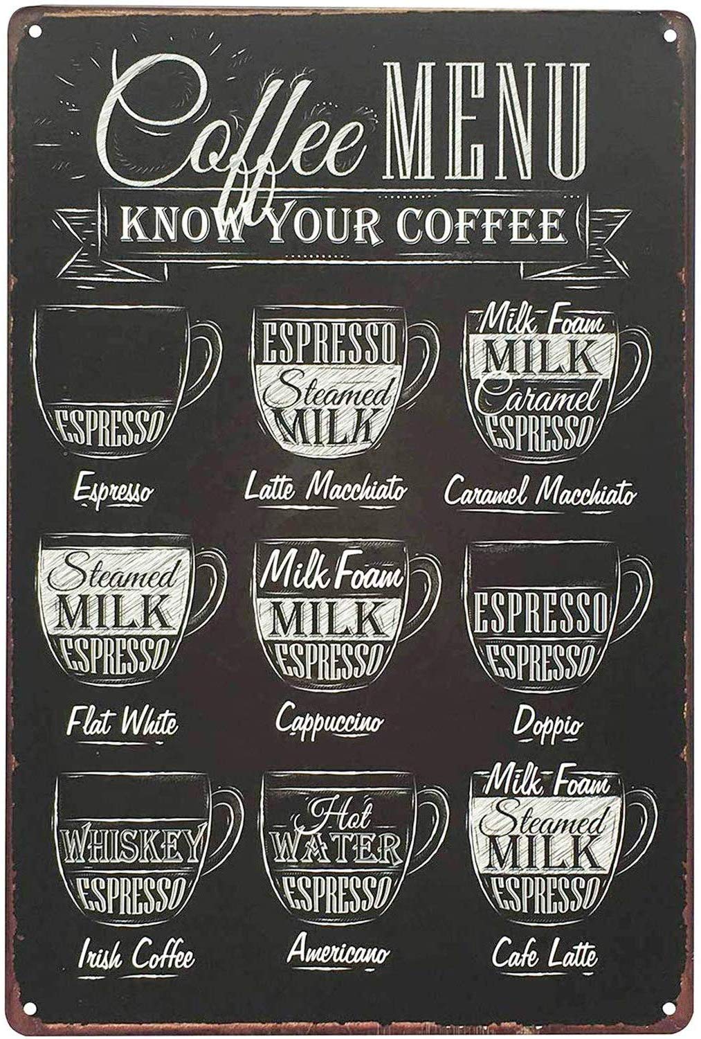 Funny Coffee Signs, Coffee Menu Know Your Coffee Vintage Retro Metal Coffee Signs Home Decor Metal Painting Tin Sign Wall