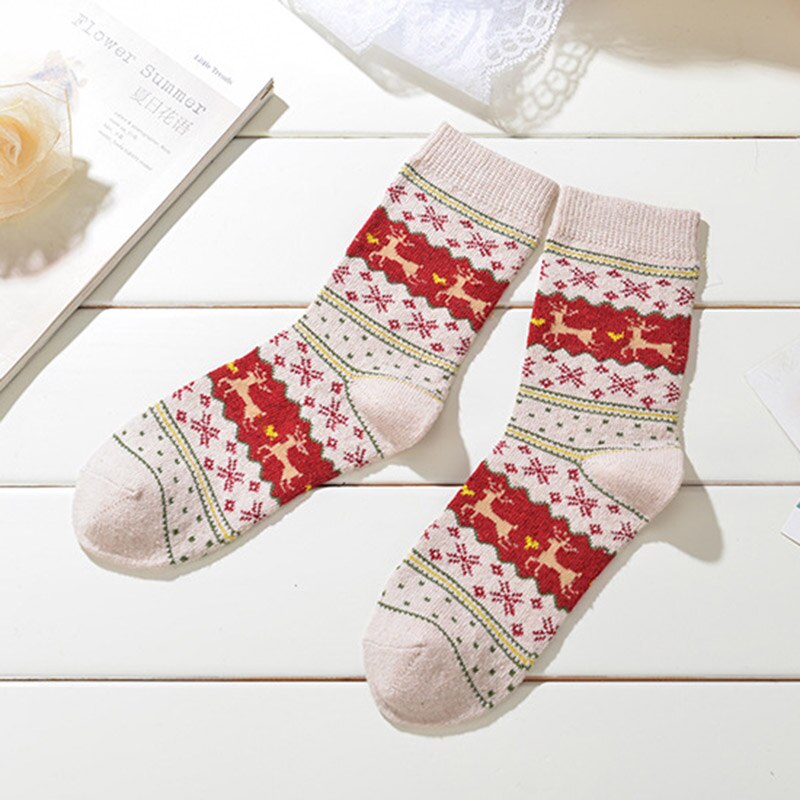 Calcetines cálidos de lana con de alce y copo de nieve, para mujer, cómodo para niña, 1 par, T0750: Beige