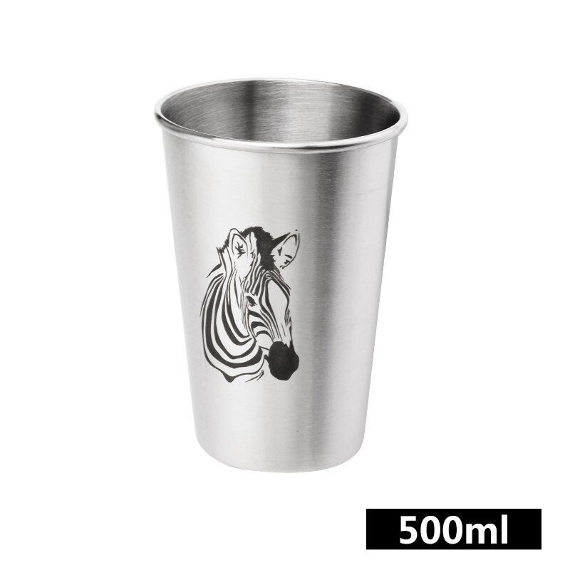 Rustfrit stål vand pint kop med metal halm kaffe juice øl krus ekstern grå mat kant krøllet cylindrisk kop: Zebra 500ml
