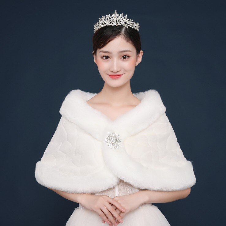 Ivoorrode dames warme imitatiebont witte bolero bruids wikkelsjaal bruidsjas jas accessoires voor avondfeest: Ivoor
