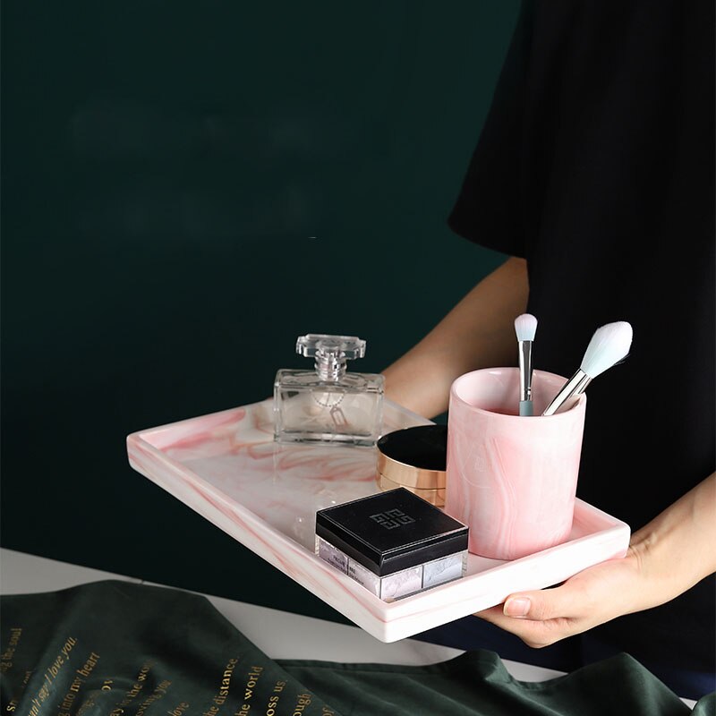 Keramisk marmor kosmetiske smykker opbevaringsbakke desktop makeup børste rør arrangør boks te kaffe kage dessert mad serveringsbakke