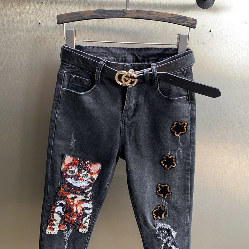 Pantalones vaqueros con bordado de lentejuelas y diamantes para mujer, Jeans ajustados de dibujos animados, elásticos, color negro, primavera y otoño, novedad de