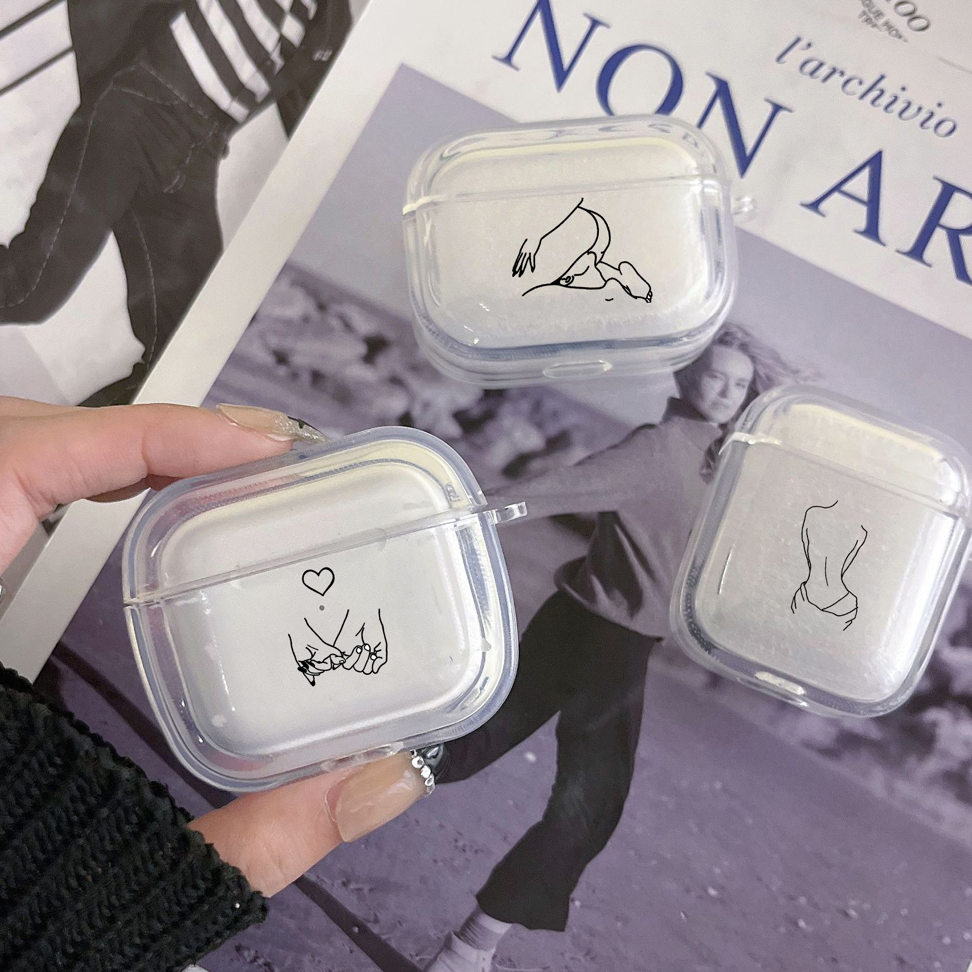 Funda protectora transparente para Apple Airpods 2 1, fundas de auriculares con gancho, negro, línea Sexy, arte rosa, amante, Airpod Pro 3 Pro2