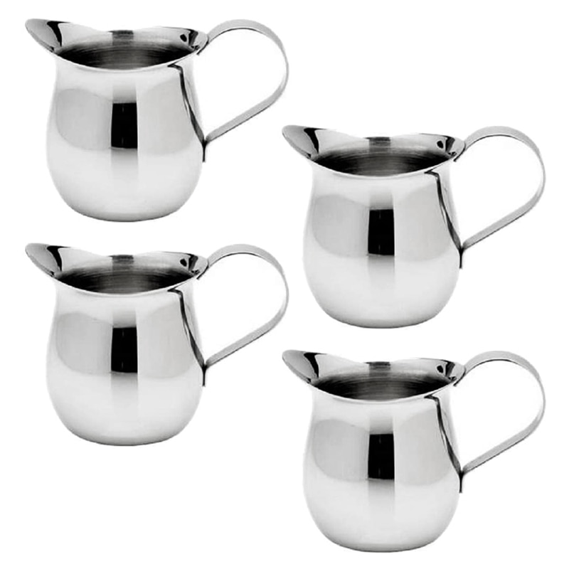 Set of 4 Stainless Steel Creamers, 3Oz, Mirror Finish, Comfort Grip Handle, Coffee Cup: Default Title