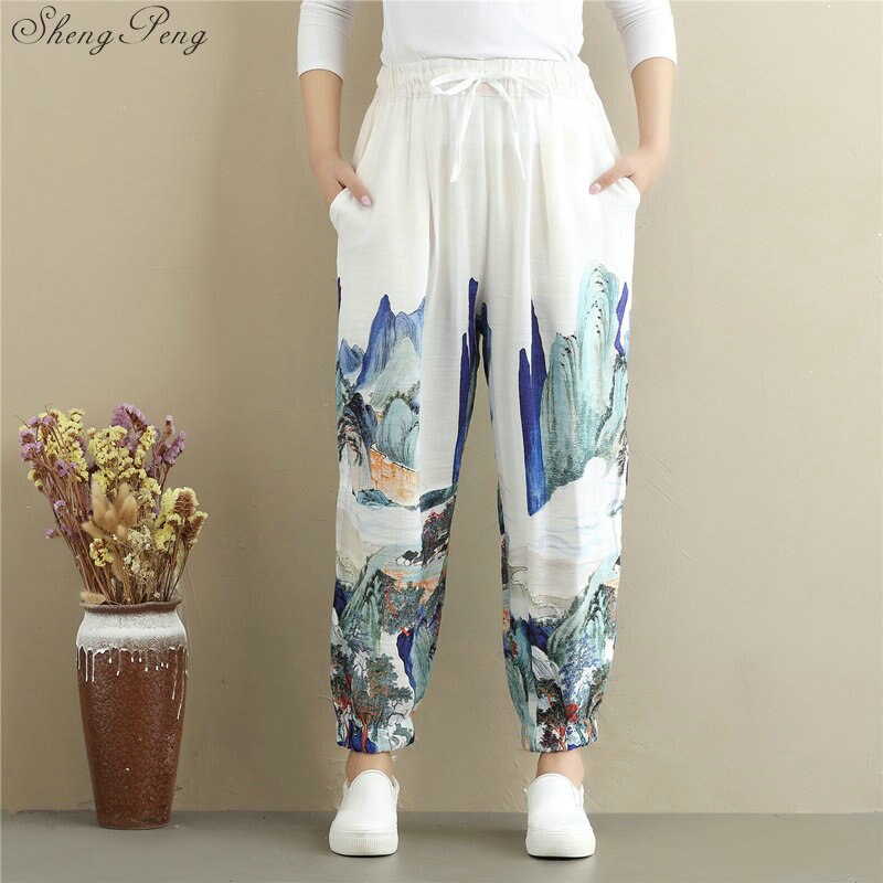 Pantalones chinos tradicionales de kung fu para mujer, ropa de lino para mujer, cintura elástica, cómoda, pierna ancha sólida V932
