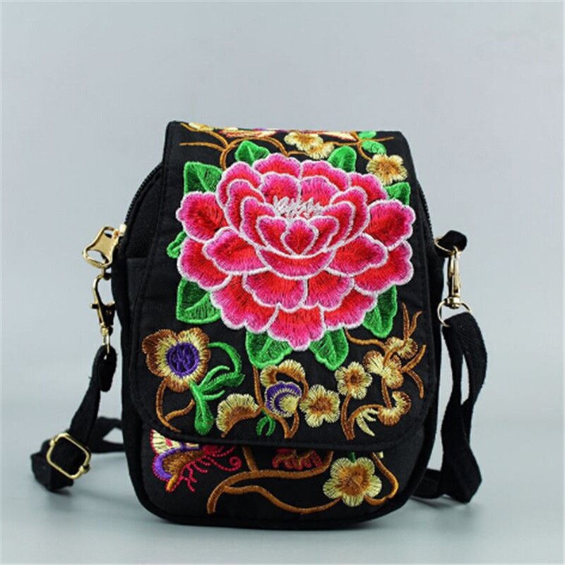 Bloemen Geborduurde Vrouwen Chinese Stijl Schoudertas Messenger Crossbody Bag Lady's Purse Bag: Rood