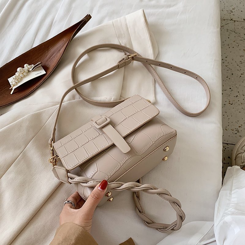 Kleine pu leren crossbodytas met stenen patroon voor dames, handtassen voor dames, schoudertas voor op reis met touwriem: Khaki