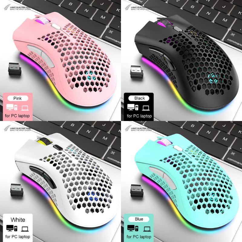 Lightweight Rechargeable RGB LED Optical Honeycomb Game Mice 1600DPI Hollow-out 2.4G USB Wireless Mouse for PC Laptop