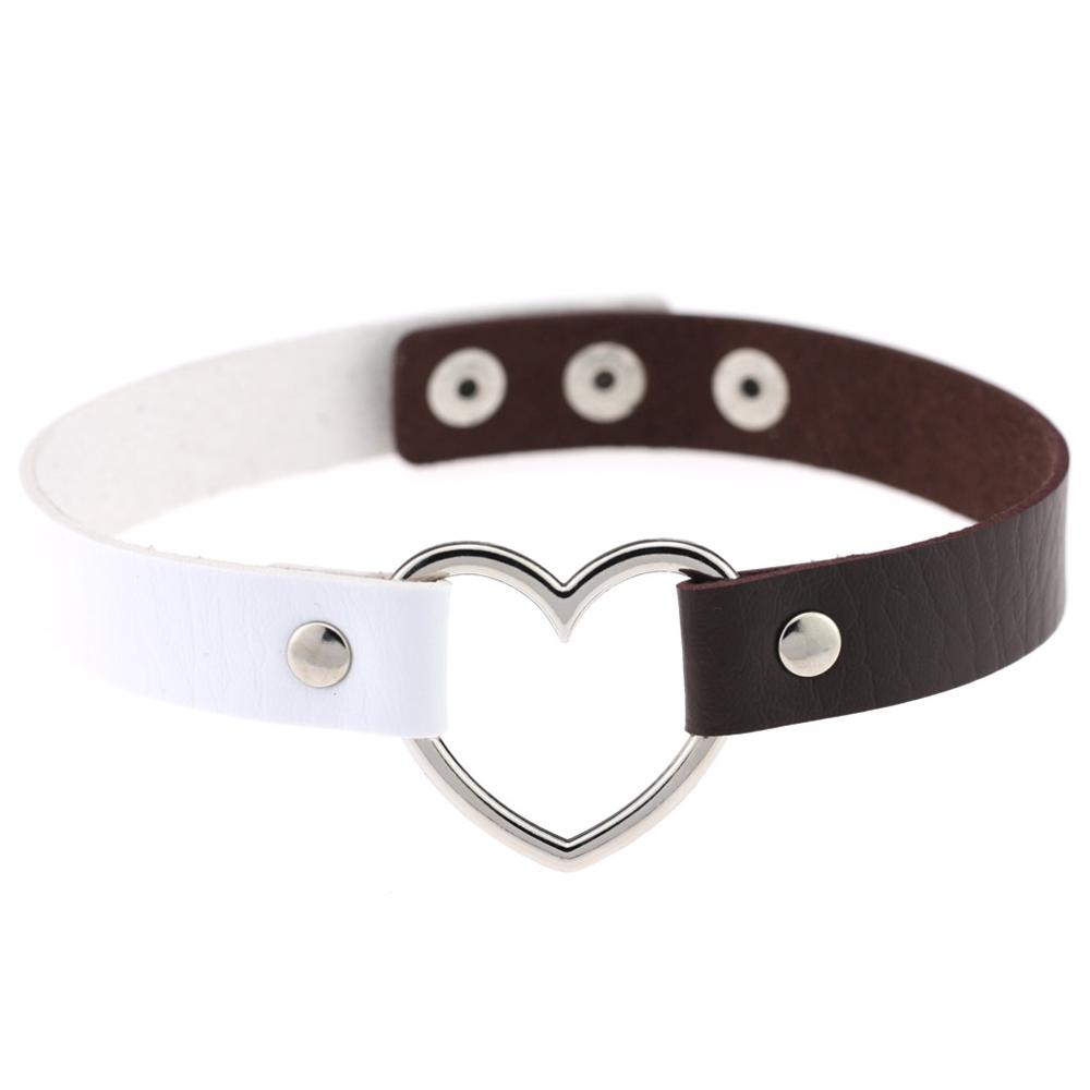 1PC Multi-Color Harajuku Punk Lady Gothic Leather Choker Heart Chain Spike Rivet Buckle Collar Necklace: white coffee