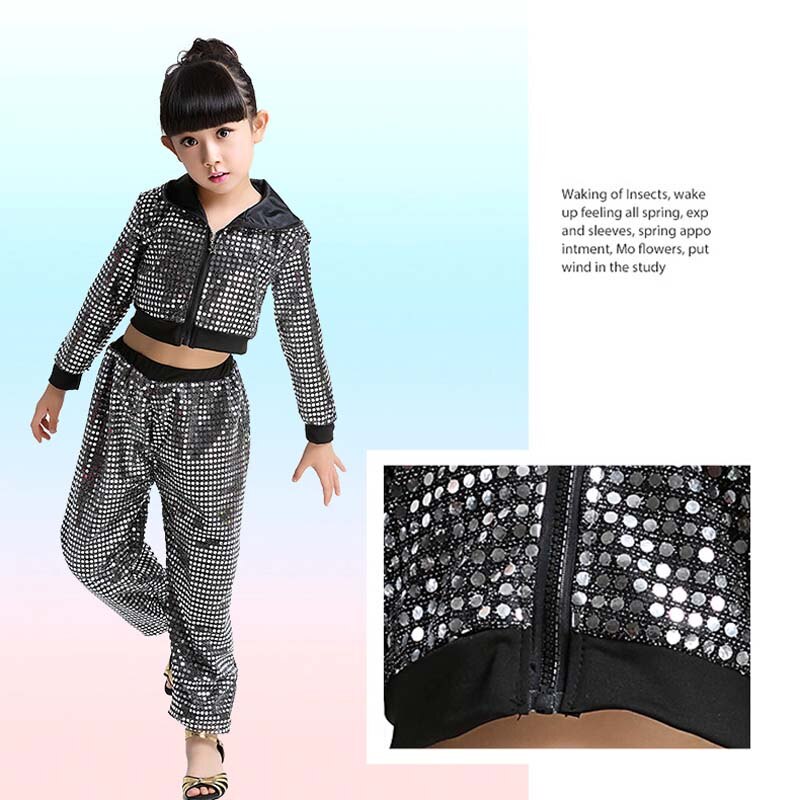 Kid girl boy hip hop dance costume glitter long sleeve stage jazz costume hiphop Suit children ballroom Top Hooded and Pants: black / L