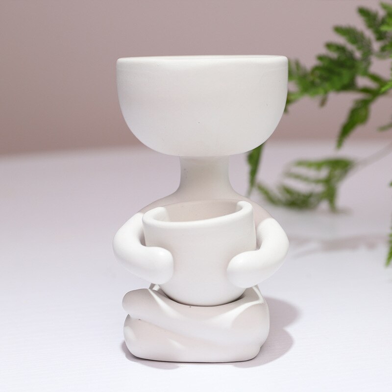Humanoid keramik urtepotte karakter siddende stilling skulptur vase desktop blomsterarrangement container sukkulenter plantepotte: Hvid e