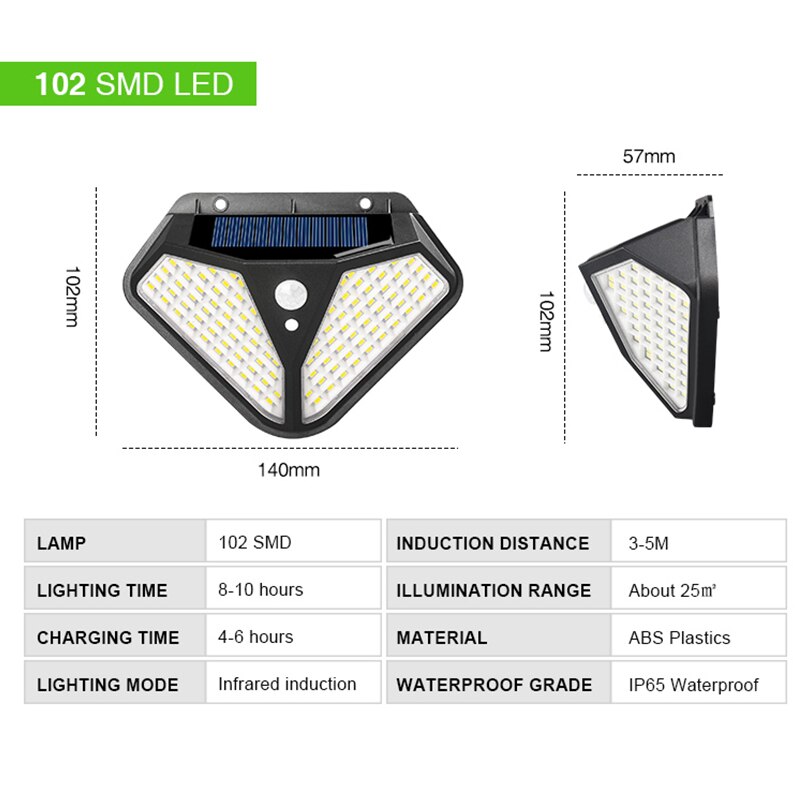 50 cob /102 led's zonne-led wandlamp met tweezijdige verlichting, bewegingssensor,  ip65 buitentuinpaden, straatverlichting 's nachts: 102 led