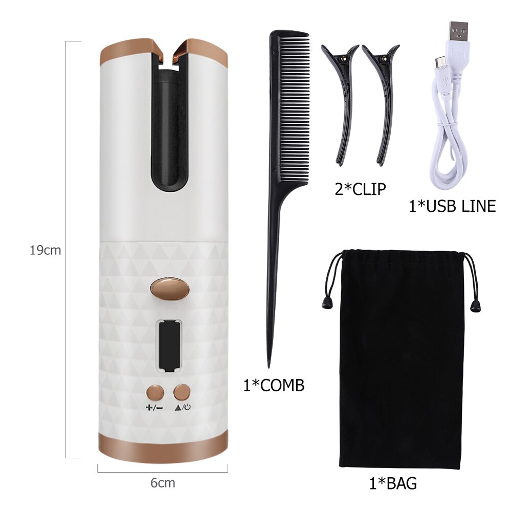 Auto Ceramic Wireless Curling Iron Hair Waver Tongs Beach Waves Iron Curling Wand Air Curler USB Cordless Automatic Hair Curler: White