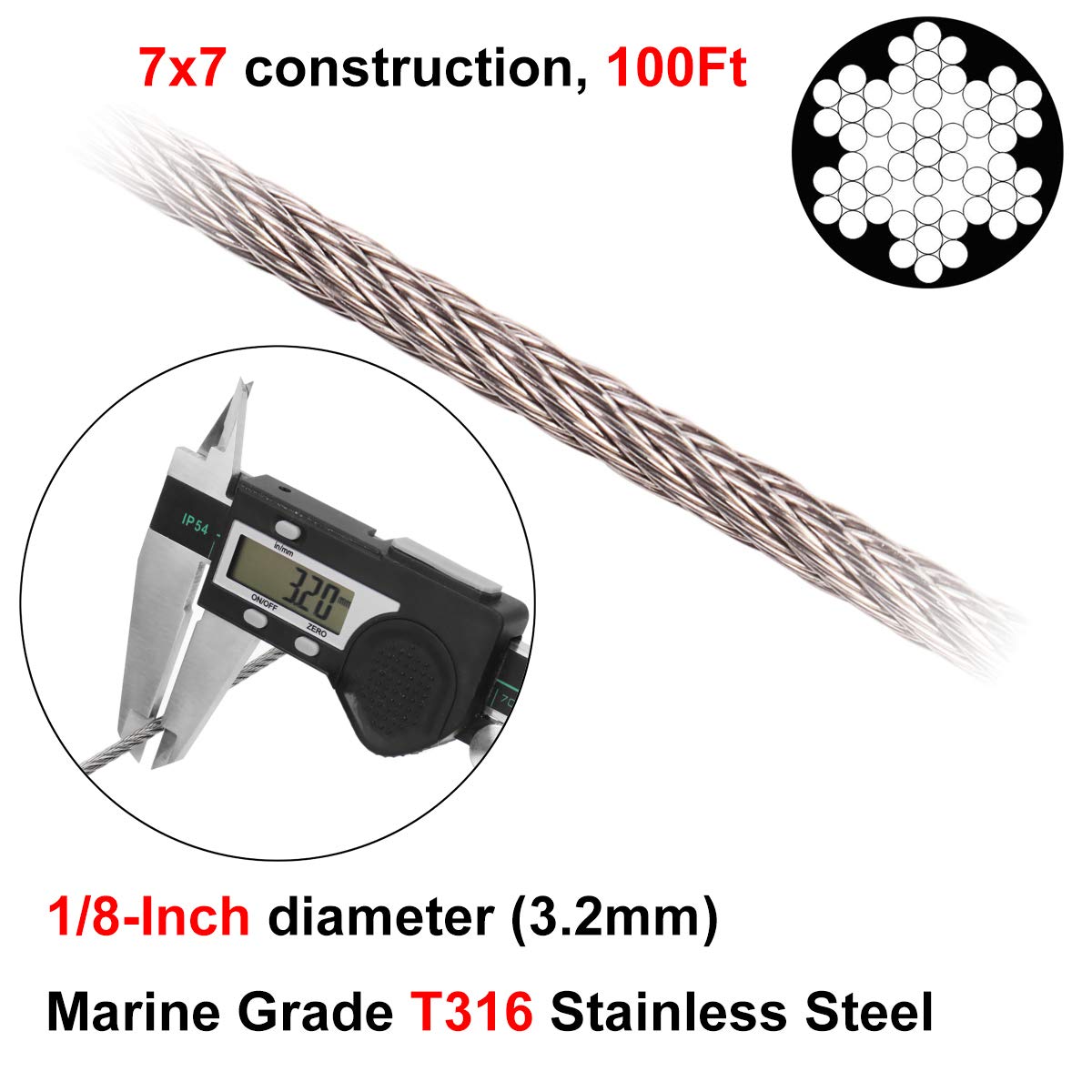 1/8 inch 316 Stainless Aircraft Steel Railing Wire Rope Cable 16FT 32FT 65FT 100FT 200FT 350FT