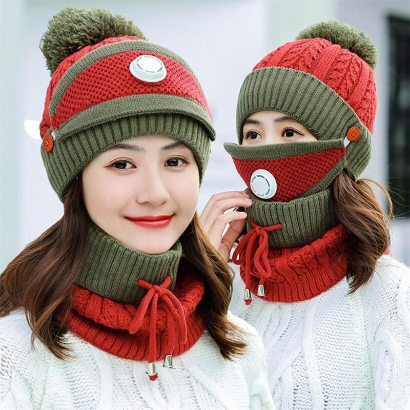 3 Pieces Set Women's Knitted Hat Scarf Caps Neck Warmer Winter Hat for Ladies Girls Skullies Beanies Warm Fleece Caps