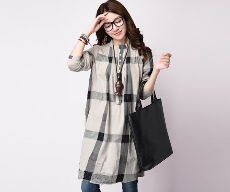 Camisas a cuadros de lino y algodón de manga larga para mujeres embarazadas, ropa de maternidad, Tops informales, blusas para embarazadas, Primavera,: Khaki / XL