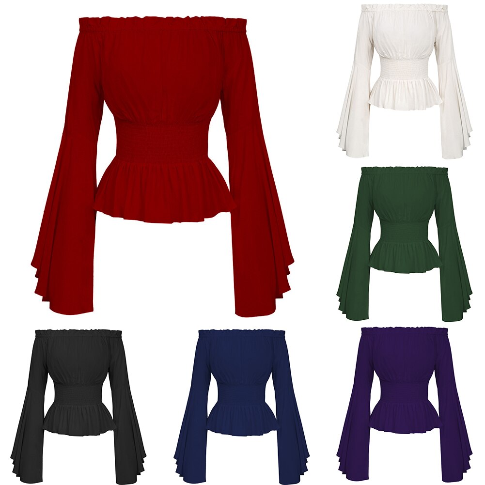 Women Medieval Renaissance Solid Color Bell Sleeve Ruffled Off Shoulder Blouse for Halloween