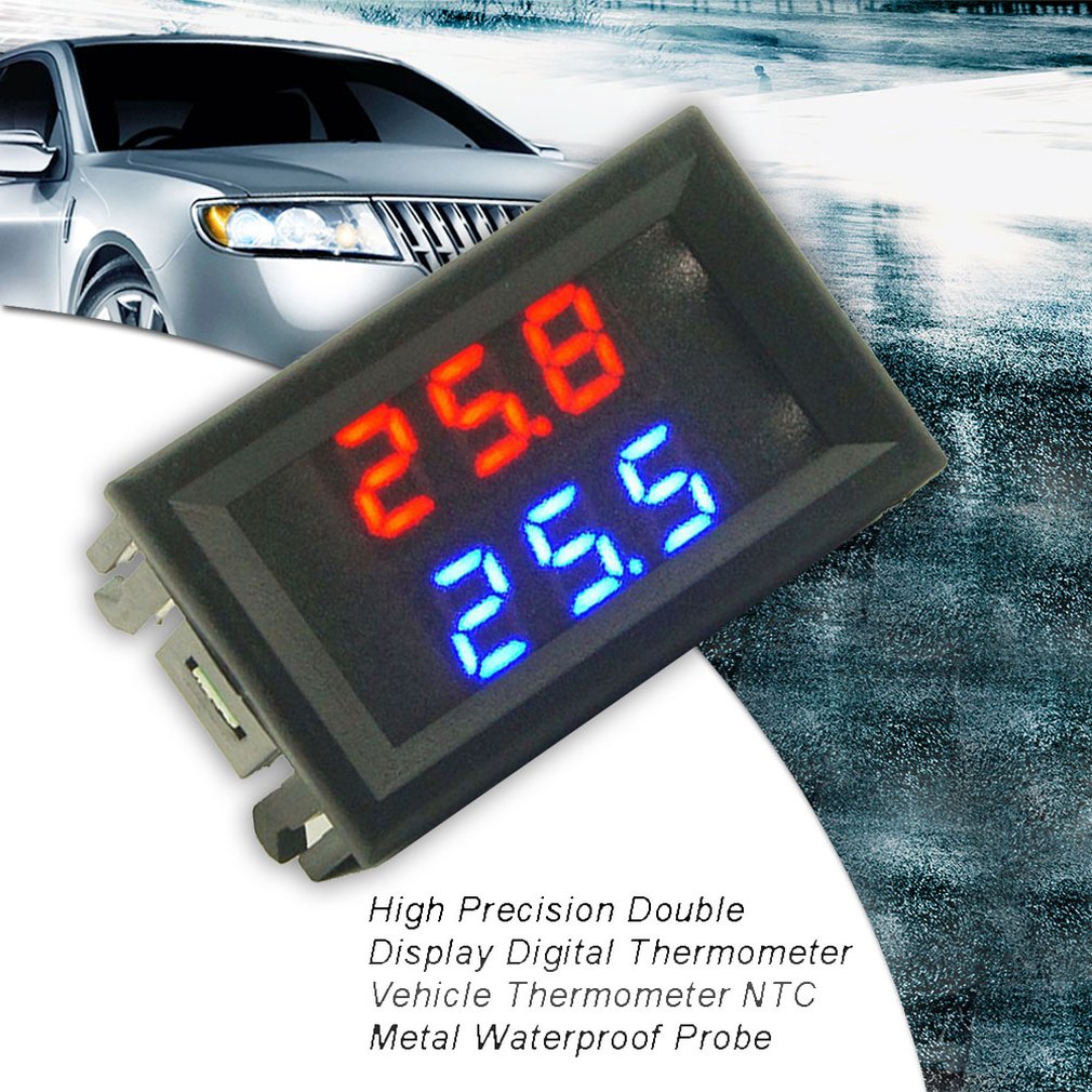 DC4-28V High Precision Dual Display Digital Car Thermometer With NTC Waterproof Metal Probe