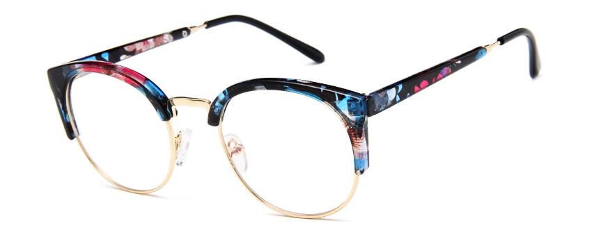 Jahrgang retro Halb randlose brille transparente rahmen runde klare linse gläser Frauen Männer optische rahmen Metall schlicht Gläser Klasse: Blau Blume