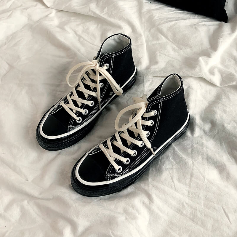 Klassiske solide sorte unisex lærredssko forår high-top udendørs afslappet sneakers behageligt åndbart fodtøj 35-44: Høj sort / 35