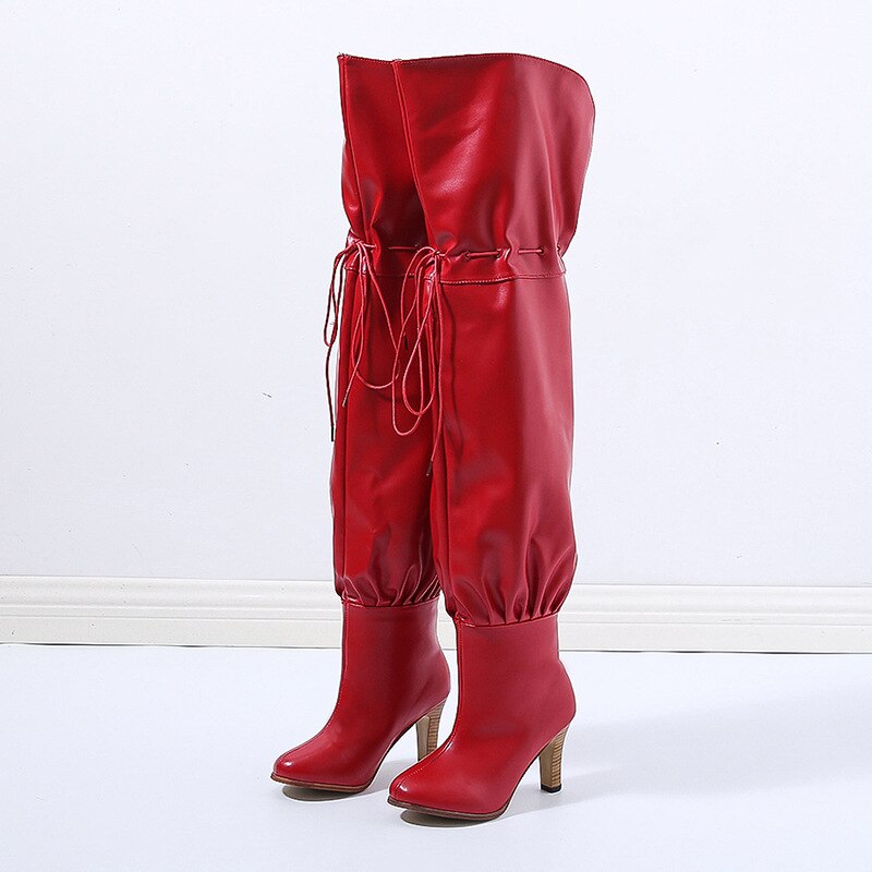 hiver femmes bottes à lacets Long Tube bottes confortable bout rond à talons hauts en polyuréthane sur le genou femmes bottes