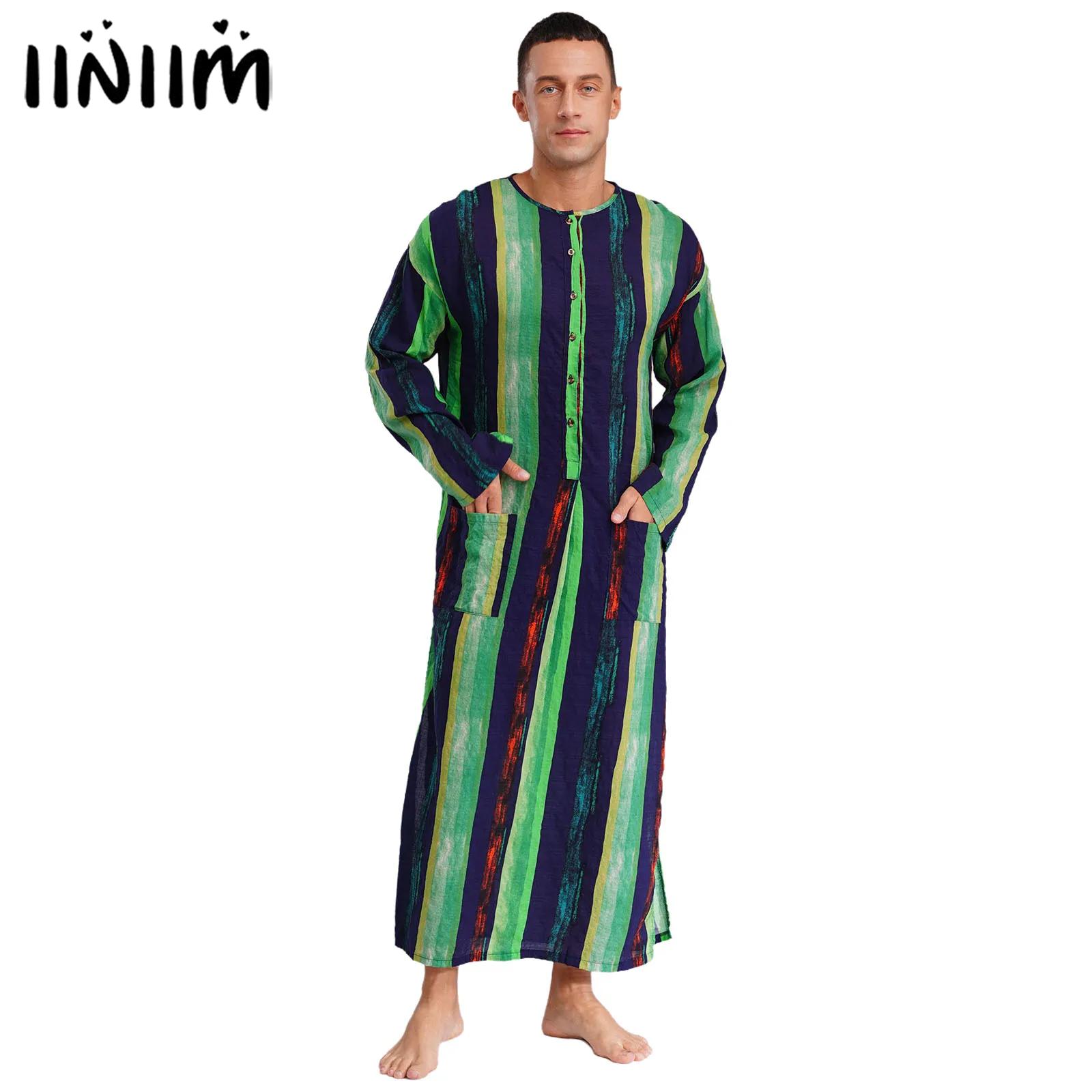 Mannen losse jurk Midden-Oosten Islam Moslim Thobe Ronde Hals Lange Mouw Streep Lange Jurk Knoppen Arabische Jubba Thobe Shirt Jurken