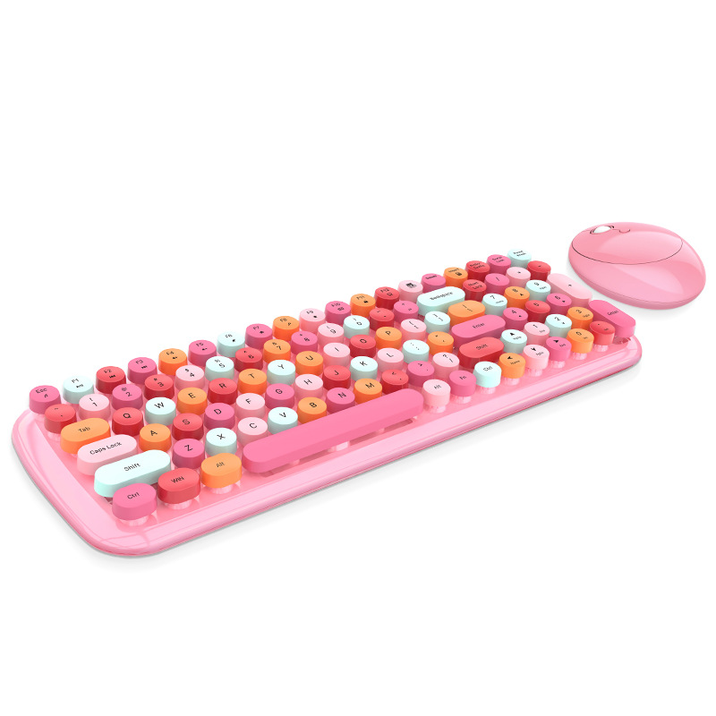 Kit de clavier et souris sans fil 2.4G pour filles, rétro, Vintage, 84 touches rondes colorées, Orange, rose, bleu, vert, pour ordinateur portable,: pink-100 keys