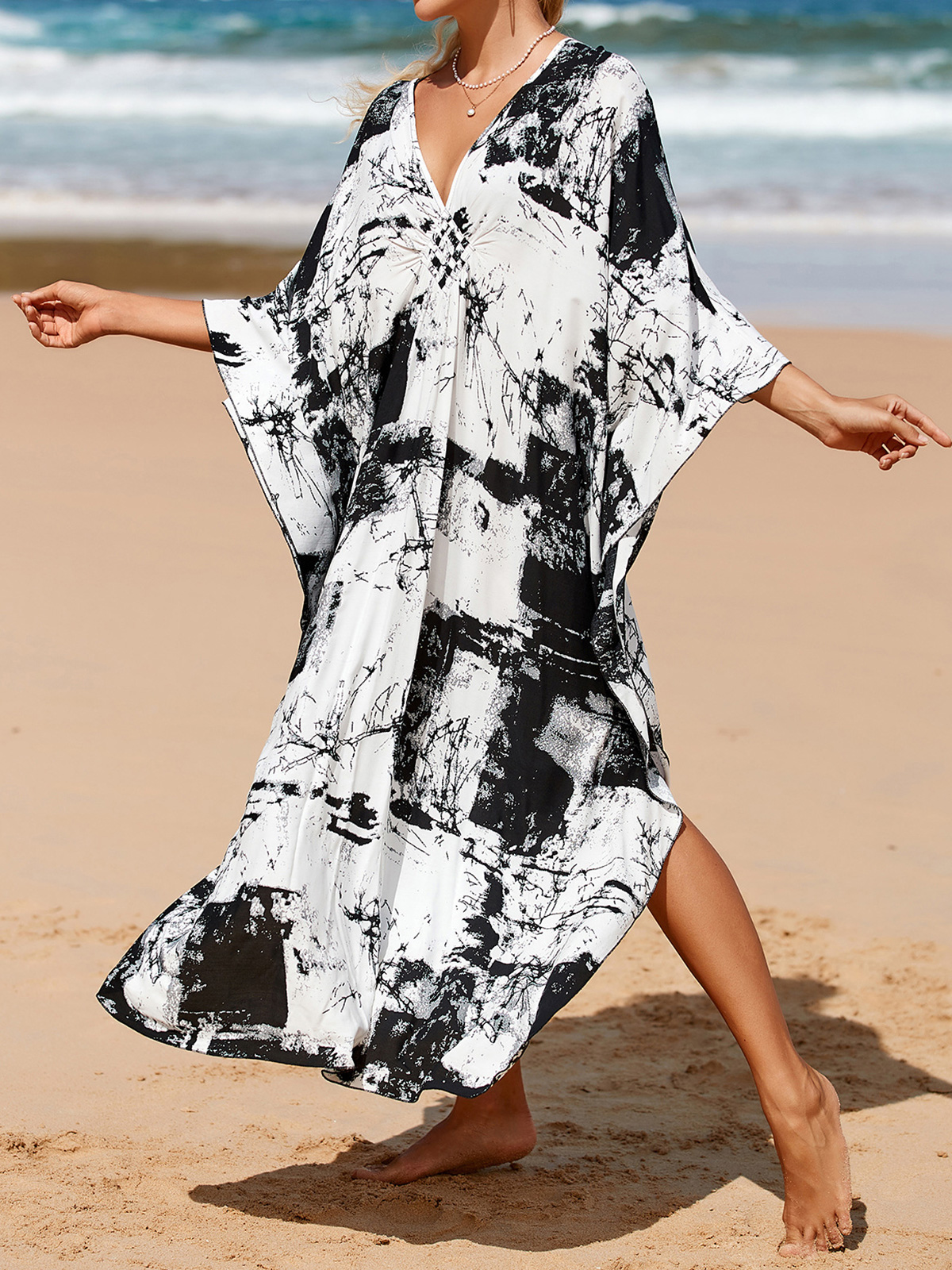 Vestido Longo Feminino Estampado Zebra com Decote V para Praia, Saída de Praia, Moda Praia V4159: Laranja