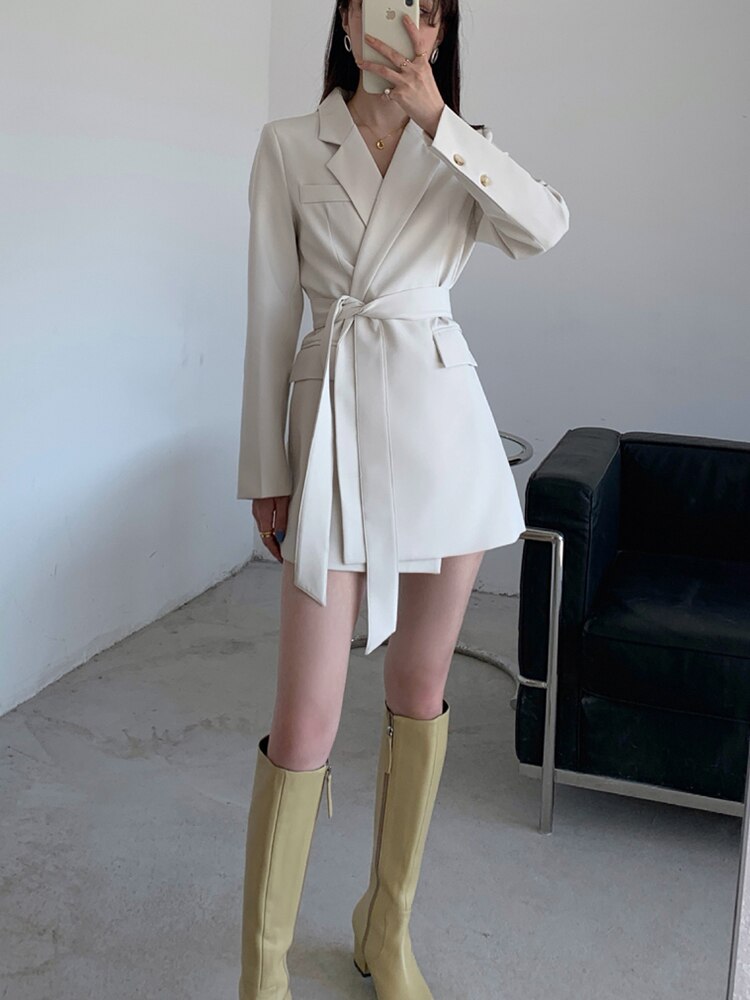 FTLZZ Autumn Office Ladies Beige Double Breasted Blazer Jacket Women Notched Collar Vintage Solid Color Blazer Casual Loose Coat