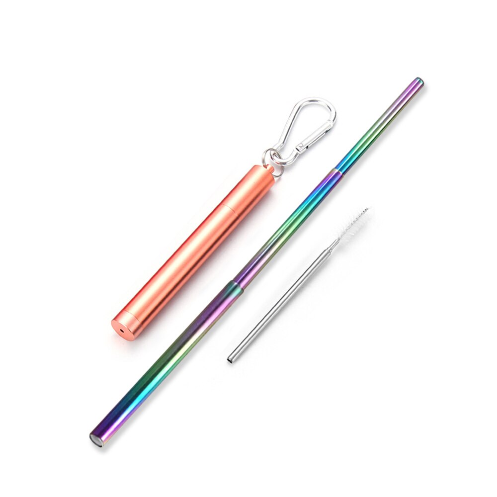 Roestvrij Staal Vouwen Stro Telescopische Rietje Pen Shaped Case Carabiner Herbruikbare Metalen Stro Reizen Picknick Drinkware: Rose god1