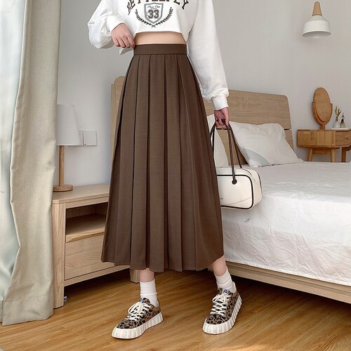 Jupe plissée mi-longue pour femmes, printemps, automne et hiver, taille haute, ligne a, tendance: Coffee color / L