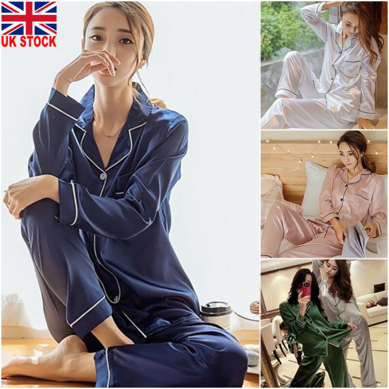 Women Girl Silk Satin Pajamas Set Pyjama Sleepwear Nightwear Loungewear Homewear Solid Color Comfortable Soft