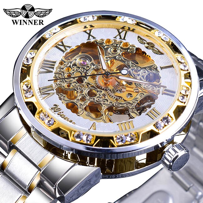 Winnaar Classic Blue Mens Mechanische Horloges Romeinse Zwart Roestvrij Stalen Band Rhinestone Skeleton Hand Wind Bedrijvengids Horloge Klok: S1089-1